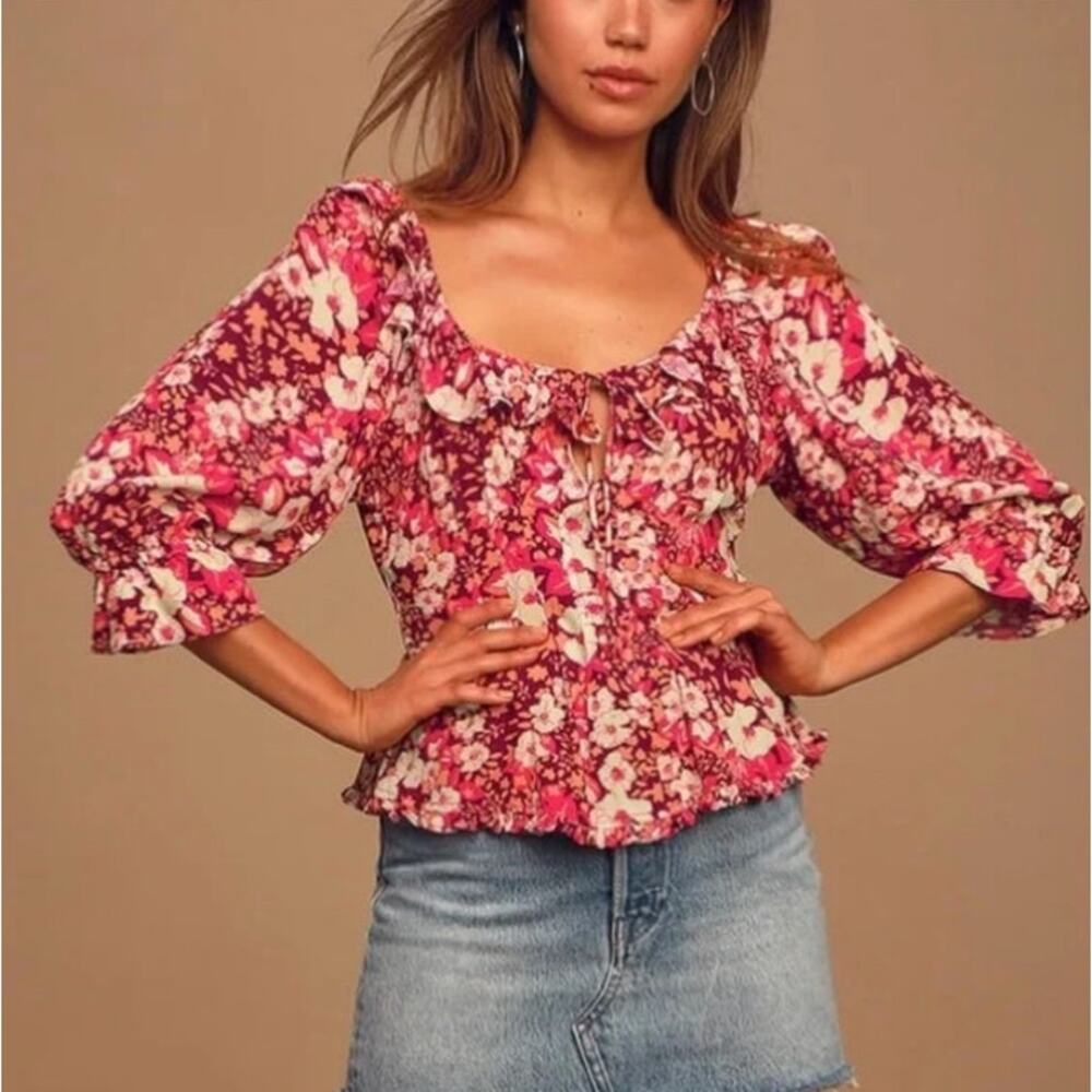Free People Sweet Memories 3/4 Sleeve Orange & Pink Floral Blouse Women's Small